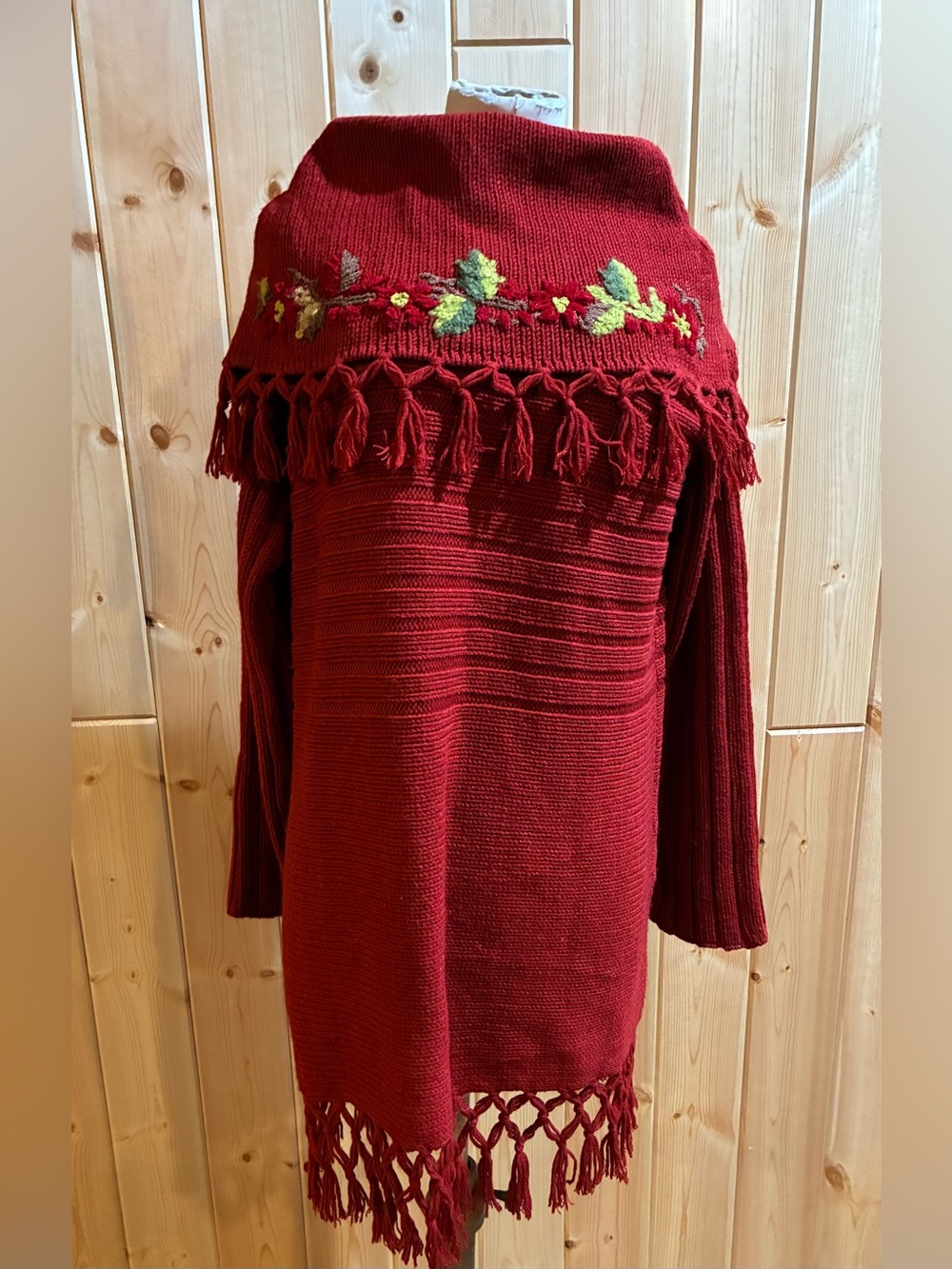April Cornell Red Fringe Turtleneck Shawl Sweater with Floral Embroidery M NWOT